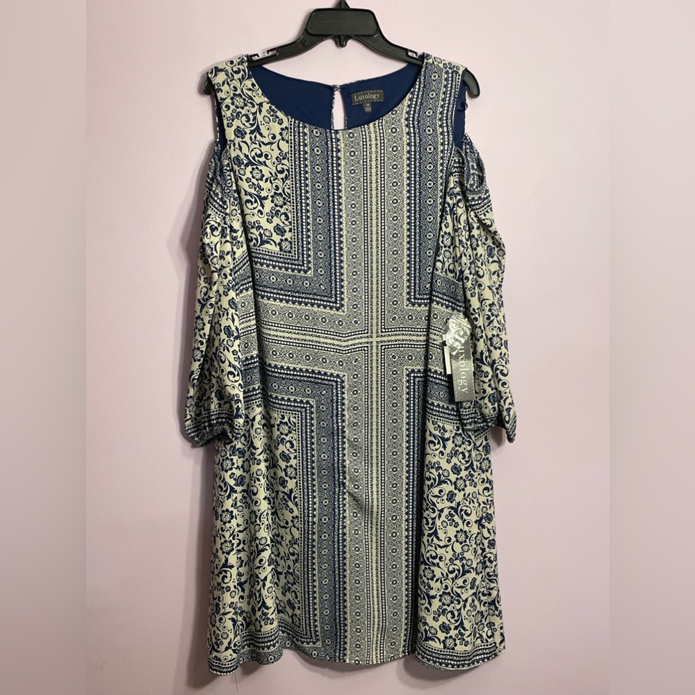 Luxology | Women’s Cold Shoulder White & Blue Dress | NWT | Size: 14